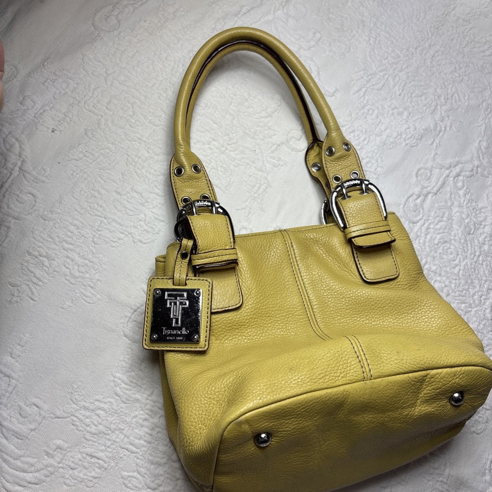 Tignanello Satchel Yellow Small Pebble Leather Handbag Buckle Detail Purse